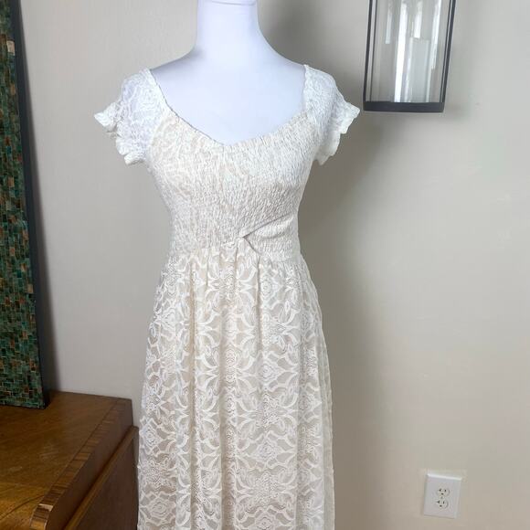Aakaa Sz S Lace Smocked Dress Cream Ivory Short Sleeve Long Wedding Bridal - Picture 3 of 15
